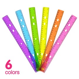 ZZTX 6 Pack Color Transparent Ruler Plastic Rulers 12 Inch, Metric Bulk Rulers with Inches and Centimeters, Kids Ruler for School, Home, Office