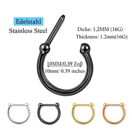 Black 16G 10mm Horseshoe Shaped Septum Ring Daith Earring Straight Rod Clicker Helix Tragus Conch Cartilage Hoop Stainless Steel Nose Hoop D Shape Septum Piercing for Women Men