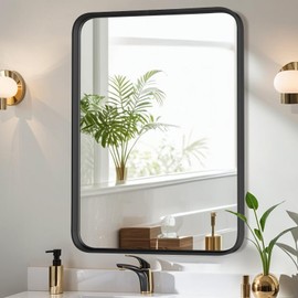 Bathroom Mirror for Wall, 36x24 Inch Rounded Rectangle Mirror, Black Metal Framed Bathroom Vanity Mirror for Restroom Farmhouse, Anti-Rust, Tempered Glass, Horizontally or Vertically Hanging