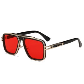 Trendy Retro Sunglasses for Men Women Classic Stark Vintage Shades 70s Italian Fashion Square Metal Glasses (Red Lens/Black Gold Frame, 56)