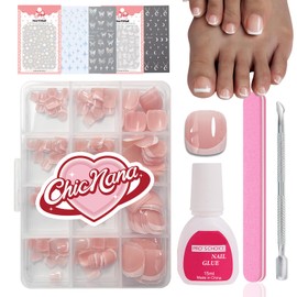 French False Toe Nails Kit, Press on toenails with Glue 240Pcs Fake Nails for Toe French Tip Nude Pink Color Glossy Full Cover Glue on Nails Art Manicure for Girls Women (Toenails-B)