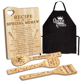 Mother's Day Memaw Gift - Wooden Cutting Board With Cooking Utensils Set, Apron, and Kitchen Set for Grandma From Grandkids