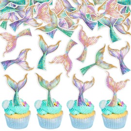 40PCS Edible Mermaid Tail Cupcake Toppers Glutinous Rice Paper Mini Under the Sea Figures Cupcake Picks Mermaid Party Decoration Baby Shower Supplies