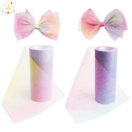 6 Inch x 20 Yards Rainbow Gradient Glitter Tulle Roll, 2 Rolls Soft Coloured Gradient Glitter Netting Fabric Tulle Ribbon Fabric for Wedding Party Decoration Tutu Skirt Gift (10Yard/Roll)