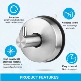 lalago Pack of 2 Suction Cup Hooks, 304 Stainless Steel Suction Cups, Suction Cups for Windows, Waterproof Suction Cup Hooks, Suction Holder, Towel Hooks, Bathrobe Hooks, No Drilling, Load Capacity 7