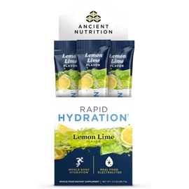 Ancient Nutrition Rapid Hydration Powder - Lemon Lime, Electrolytes from Natural Sea Salts & Red Marine Algae, Supports Rapid Hydration & Cellular Health, 15 Servings