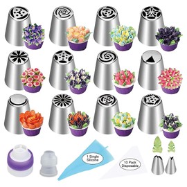 Xanewza 27 Stück Edelstahl Profi Spritztüllen Set, Große Russische Tüllen + Spritzbeutel aus Silikon & Backzubehör zum Verzieren von Cupcakes & Torten Dekorations (Spritztüllen Set #27 Stück)