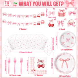 G1ngtar Coquette Pink Bow Party Decorations - Serves 24 - 112Pcs Bowknot Party Supplies, Disposable Plates Napkins Forks Tablecloth Banner Card, for Bachelorette Bridal Engagement Wedding Birthday