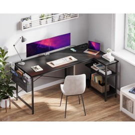ODK 55 Inch Small L Shaped Computer Desk with Power Outlets, Corner Desk with PC Stand & Reversible Storage Shelves for Small Space Home Office Workstation, Modern Simple Writing Study Table, Black