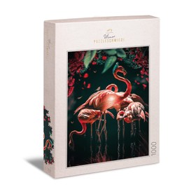 Ulmer Puzzleschmiede - "The Flamingo Show" Jigsaw Puzzle - Fairytale 1000 Piece Flamingo Puzzle - Bright Pink Flamingos Post Brilliantly against Black Background - Graceful Birds as Night Puzzle