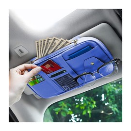 Car Sun Visor Organizer, Sunglass Holder and Storage Pocket, Card Cash Pouch with Multi-Pocket Net Zipper, Case Bag for License Pen Key, Auto Interior Accessories for Truck, SUV, Van (Blue)