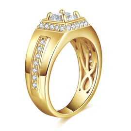 LOIPURI 1CT Moissanite Mens Wedding Band 14K Gold Plated Engagement Rings for Men with Pave Round Cut 0.51Ct Cubic Zirconia Inner Ring Hollow Out Silver Promise Ring for Him Size 10