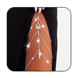 Flovel Boho Layered Body Chain Silver Leaf Thigh Chains Elastic Leg Chain Rave Party Body Jewellery for Women and Girls