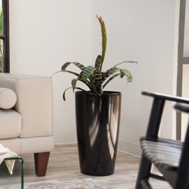 XBrand Tall Self Watering Indoor Outdoor Planter Pot, Decorative Gardening & Home Décor Accent, Round, Glazed Finish, 21" H, Black