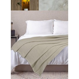 HILLFAIR 100% Cotton Throw Blankets- 50 x 60 inch- Skin Friendly, Soft, Lightweight and Breathable Throw Blanket Luxury Cotton Throws for Bed, Couch and Sofa, All Season Cotton Throw Blankets- Sand