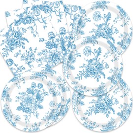 40PCS Blue and White Floral Plates Floral Party Decorations Include Plates Napkins For 20 Guests,Floral Party Supplies For Girls