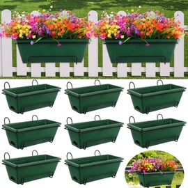 Funnymoom 8 Pack Plastic Hanging Flower Pots for Railing Fence Outdoor Planter 17 Inch Hanging Planter with Iron Brackets with Drainage Holes and Trays for Window Balconies Garden(Dark Green)