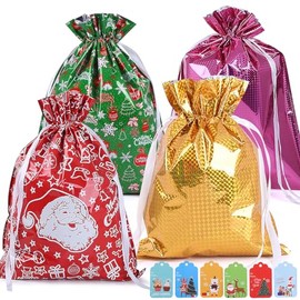 4 Pcs Christmas Ribbon Gift Bags, 58CM*43CM Drawstring Xmas Gift Bags, Christmas Bags for Presents with Xmas Cards for Party, Holiday, Birthday and Christmas Decorations