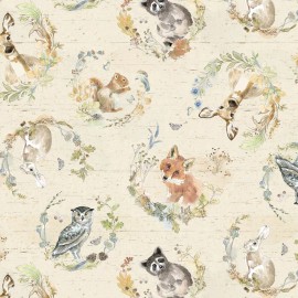 Clothworks Wildwood Wreaths Y4370-11  owl fox dear squirrel Fabric Beth Grove BTHY