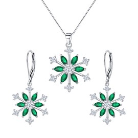 EVER FAITH Snowflake Jewerly Set Sterling Silver Winter Accessory Sparkle Green CZ Flower Necklace Leverback Earrings for Women