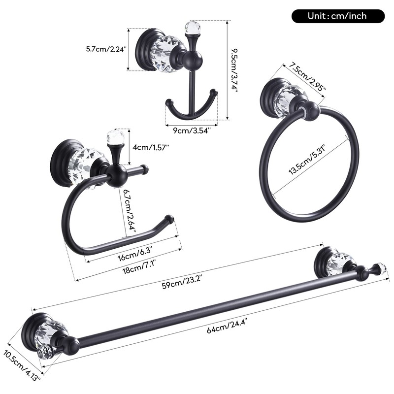 WOLIBEER Crystal Bathroom Hardware, Black 24 Inch Towel Bar Set