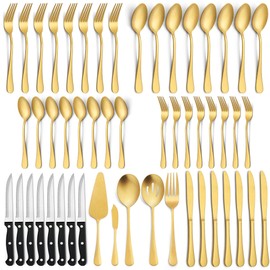 LIANYU 77-Piece Matte Gold Silverware Set with Steak Knives and Serving Utensils, Modern Stainless Steel Flatware Cutlery Set for 12, Fancy Eating Utensils Set Tableware