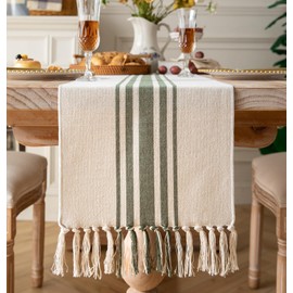 Caflife Boho Table Runner for Modern Farmhouse Decor, Dining Table décor 13 x 72 Inch Long, Coffee Table Runner with Handcrafted Tassels, Green and Beige Stripe Table Runner for Home Boho décor