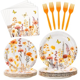 Lianxuia 96 Pcs Wildflower Party Decorations, Fall Flower Cocktail Party Supplies Disposable, Boho Autumn Floral Paper Plates Napkins Forks Sets for Picnic Baby Shower Birthday Wedding Decor, Serve 24