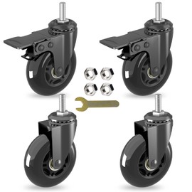 3" Swivel Stem Caster Wheels Set of 4 (2 Castors with Brake,2 no) with Heavy Duty Threaded Stem 5/16"-18,360 Degree Range,Safety Dual Locking Industrial PU Wheel,Load Capacity 150lbs Per Caster