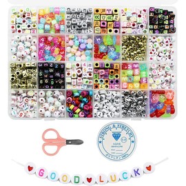 1200pcs Letter Beads, BetterJonny Acrylic Alphabet Number Mixed Cube Beads with Transparent Strings and Craft Scissors for Jewelry Making DIY Crafts