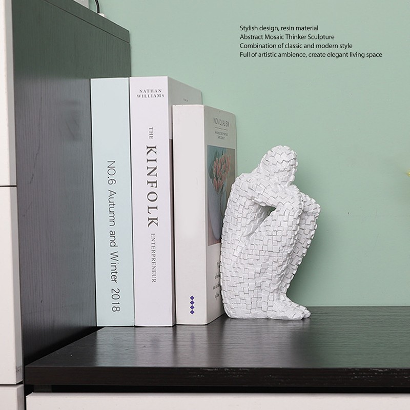Abstract Mosaic Sculpture White Resin Eco Friendly Bookend Function Thinker