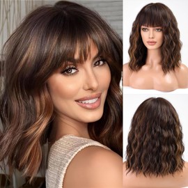 HAIRCUBE Short Charming Bob with Bangs Wigs for Women Natural Heat Resistant Synthetic Fibre Party/Cosplay/Costume/Daily Wig (Brunette with Blonde Highlight)