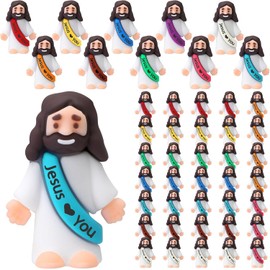 50 Packs Mini Jesus Figures Jesus Loves You Religious Tiny Jesus Figurine Rubber Jesus Doll to Hide and Seek Church Favors Gift for Sunday School Baptism Activities Party Supplies(10 Colors)