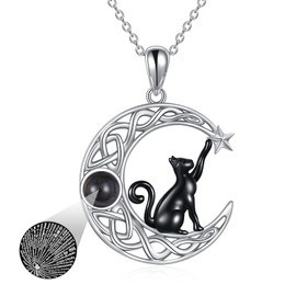 VONALA 100 Languages I Love You Black Cat Necklace 925 Sterling Silver, Celtic Moon Pendant Jewellery Birthday Gifts for Cat Lovers