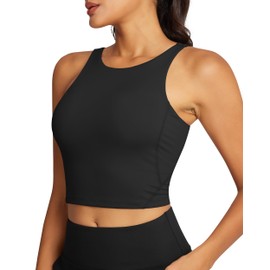 QUEENIEKE Longline Sports Bras for Women High-Neck Workout Tops Women's High Impact Yoga Workout Tank Top Black M