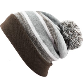Winter Knit Beanie Hat with Pom Pom – Warm Cuffed Slouch Ski Cap for Men & Women(Brown and Grey with Pom)