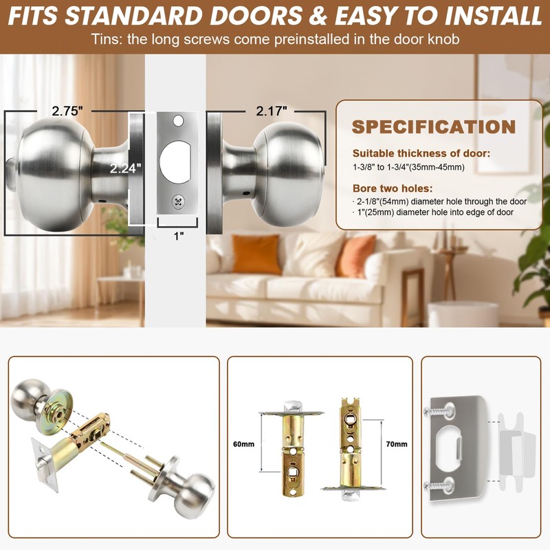RAZCC Privacy Door Knobs, 3 Pack Satin Nickel Door Knobs