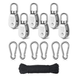 Pack of 12 M15 Pulley, 6 x M15 Pulley & 6 x Carabiner M4 with 30 m Nylon Rope, Stainless Steel Pulleys for Wire Ropes Ropes up to 6 mm Diameter, Load Capacity 35 kg Roll for Winch