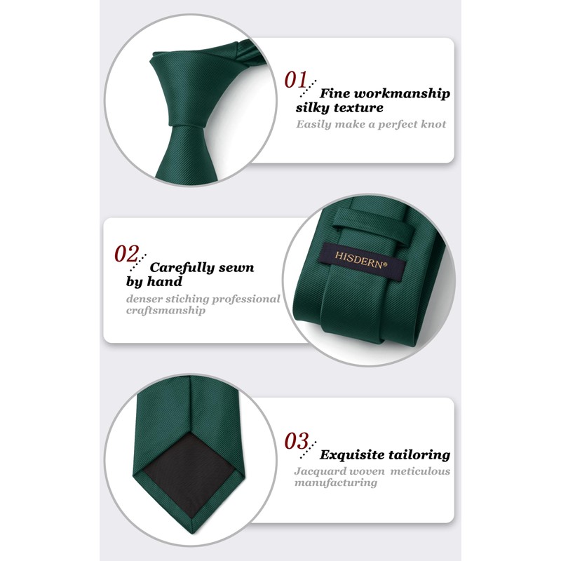 HISDERN Men's Wedding Ties and Pocket Square Solid Tie Cufflinks