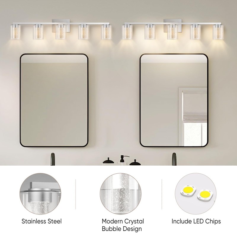 LED Modern Bathroom Light Fixtures Over Mirror, 5-Light Brushed Nickel