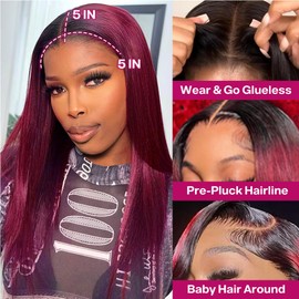 Ailwelia Ombre 99j Burgundy Bob Wig Human Hair For Black Women Bob Wigs Human Hair Pre Plucked 5x5 Hd Lace Closure Wigs Human Hair With Baby Hair 1b 99j Burgundy Colored Bob Wig 16 Inch Closure Wig