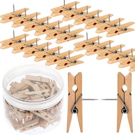 Wooden Pegs with Pins, Pack of 50 Steel Dots Card Pens, Wooden Push Pins Clips, Drawing Pins with Wooden Pegs for Wall Cork Boards, Cards, Notes, Photos (3.5 x 0.7 cm)
