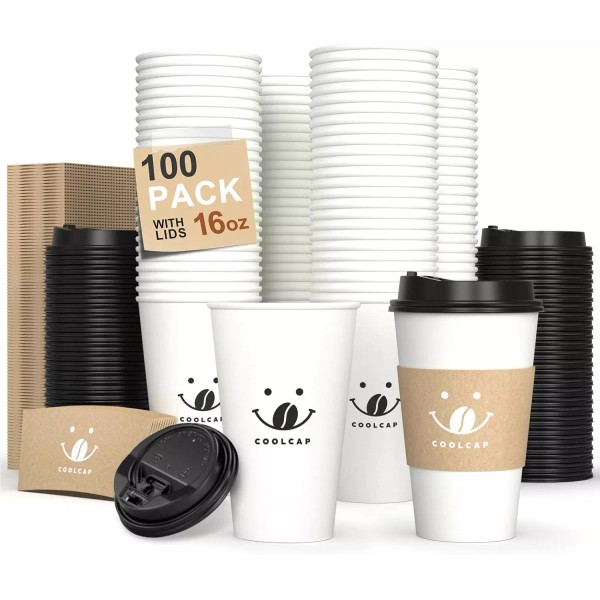 Bulk 16oz Coffee Cups with Lids & Sleeves - 100