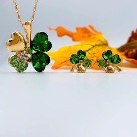 Four Leaf Clover Necklace - Green St.Patrick's Day Earrings for Women - Shamrock Earrings - Irish Jewelry - Shamrock Pin Brooch - Green Clover Necklace, Earrings, Bracelet, Brooch - Mall of Style (Gold Necklace Earrings)