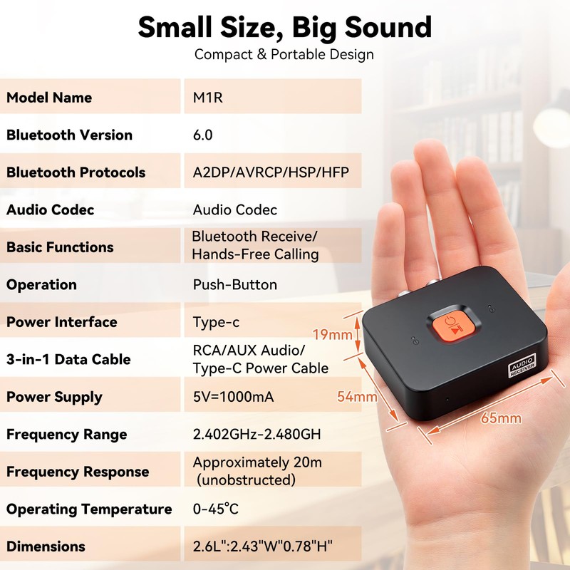 Ransanx M1R Bluetooth 6.0 Audio Receiver for Home Stereo &