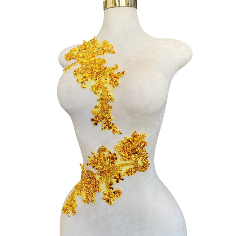 Handmade Rhinestones Bodice lace Applique handsewing Beads Sequins Trim Patches