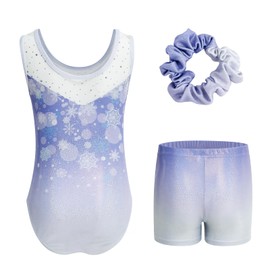 JiAmy Gymnastics Leotards for Girls with Shorts Set, Sleeveless Kids Gymnastics Athletic Outfit, Gradient Ballet Leotard Sparkle Dancewear 3Pcs for Kids 6-7 Years