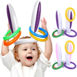 10 Pcs Easter Inflatable Ring Toss Game Set, Easter Party Toss Game for Kids Adults, Bunny Rabbit Ears Hat Easter Party Games for Family Indoor Outdoor Decor Gifts (2 Bunny Hats, 8 Rings)