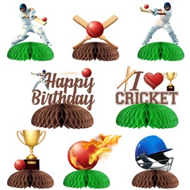 Jollyboom Cricket Birthday Decorations, 8pcs Cricket Ball Theme Honeycomb Centerpiece Sports Theme Happy Birthday Party Table Decorations for Cricket Theme I love Cricket Birthday Party Supplies