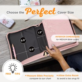 Christian Art Gifts Premium Vegan Leather Fashion Floral Bible Cover for Women: Strength & Dignity - Prov. 31:25 Inspirational Scripture Verse Carry Case w/Pockets & Pen Storage, Pink & Gold, Medium